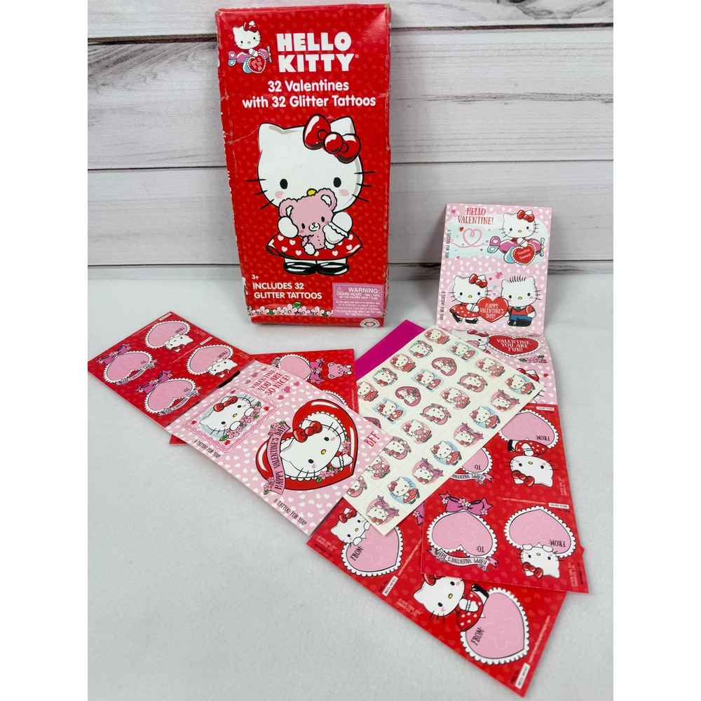 Hello Kitty Valentines 32 Cards & 32 Glitter Tattoos Sanrio 2017 Complete‎ Set